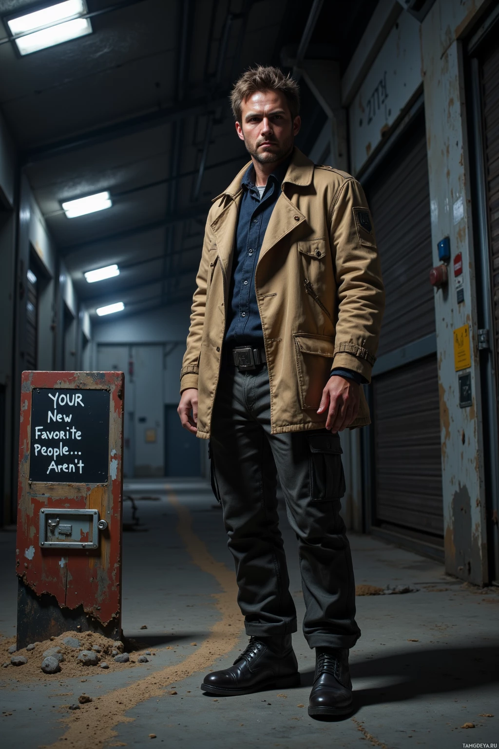 A man stands in a dimly lit industrial hallway, wearing a tan jacket and dark pants.