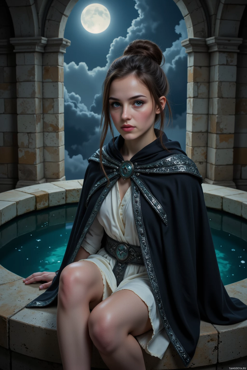 A woman in a white dress and black cloak sits by a pool under a night sky with a full moon.