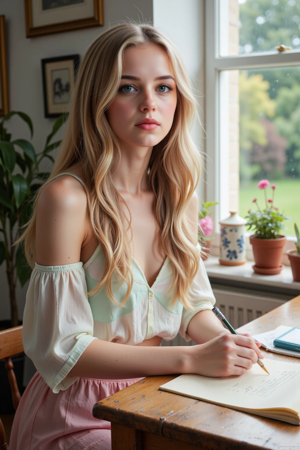 A young woman with long blonde hair sits at a wooden desk, writing in a notebook.