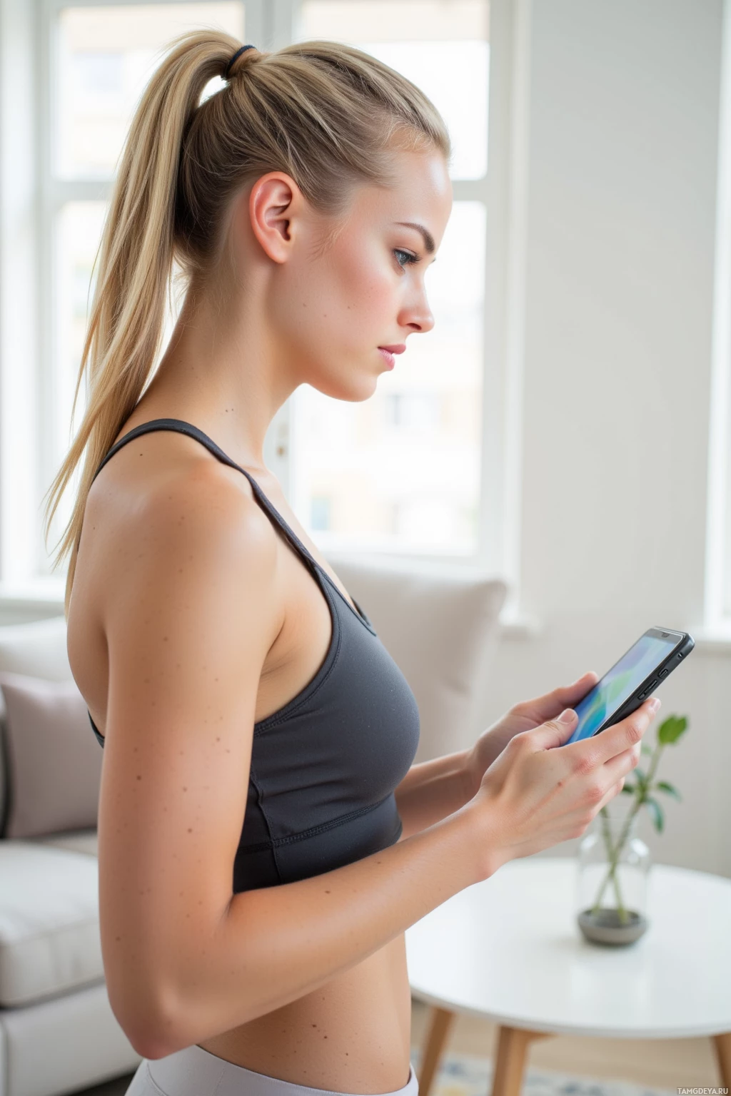 A woman in a sports bra is looking at her phone.