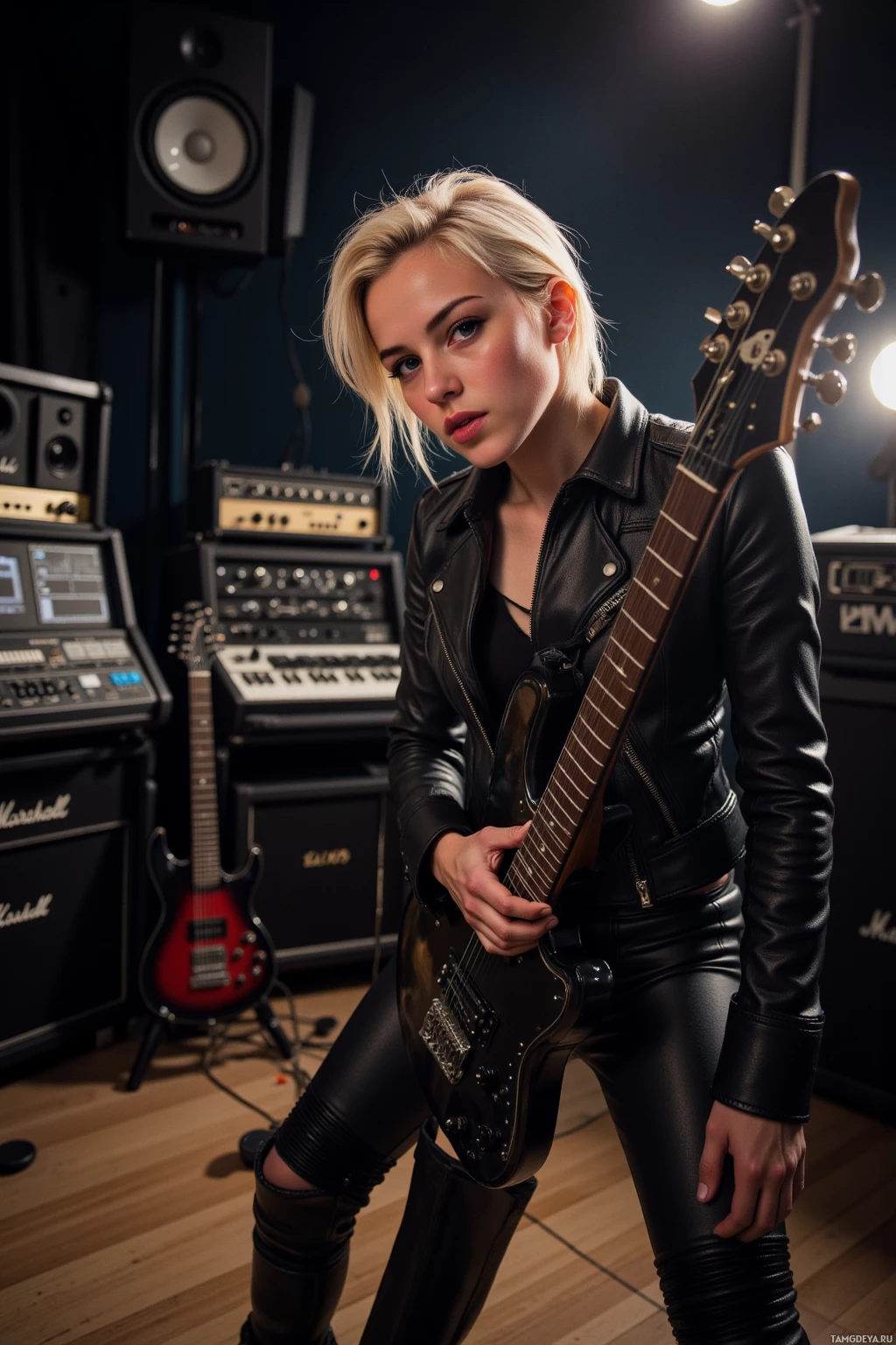 A person in a leather outfit holds a guitar in a music studio setting.