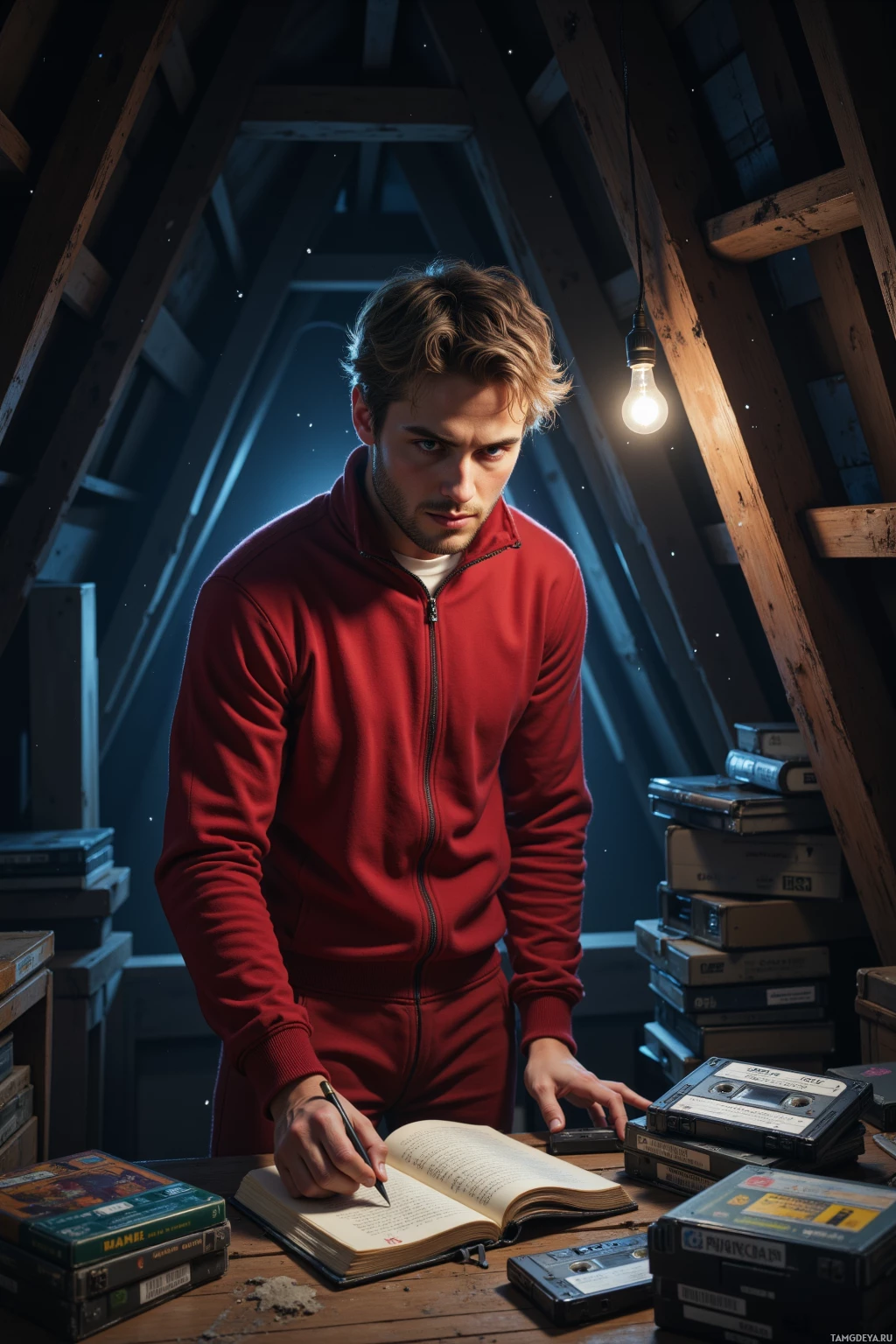 A person in a red tracksuit is writing in a book at a desk with a light bulb hanging above.