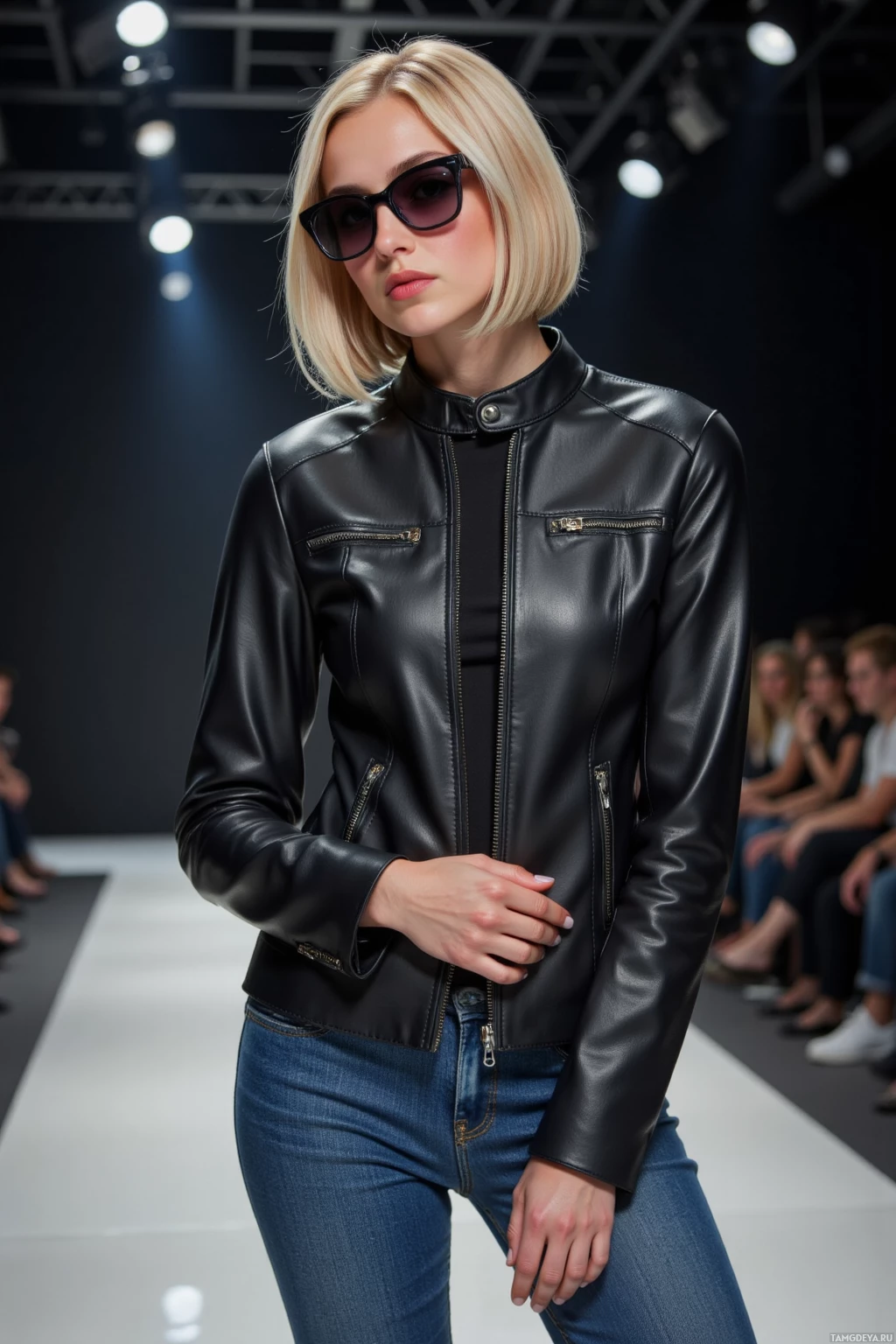 A model walks the runway in a black leather jacket and sunglasses.