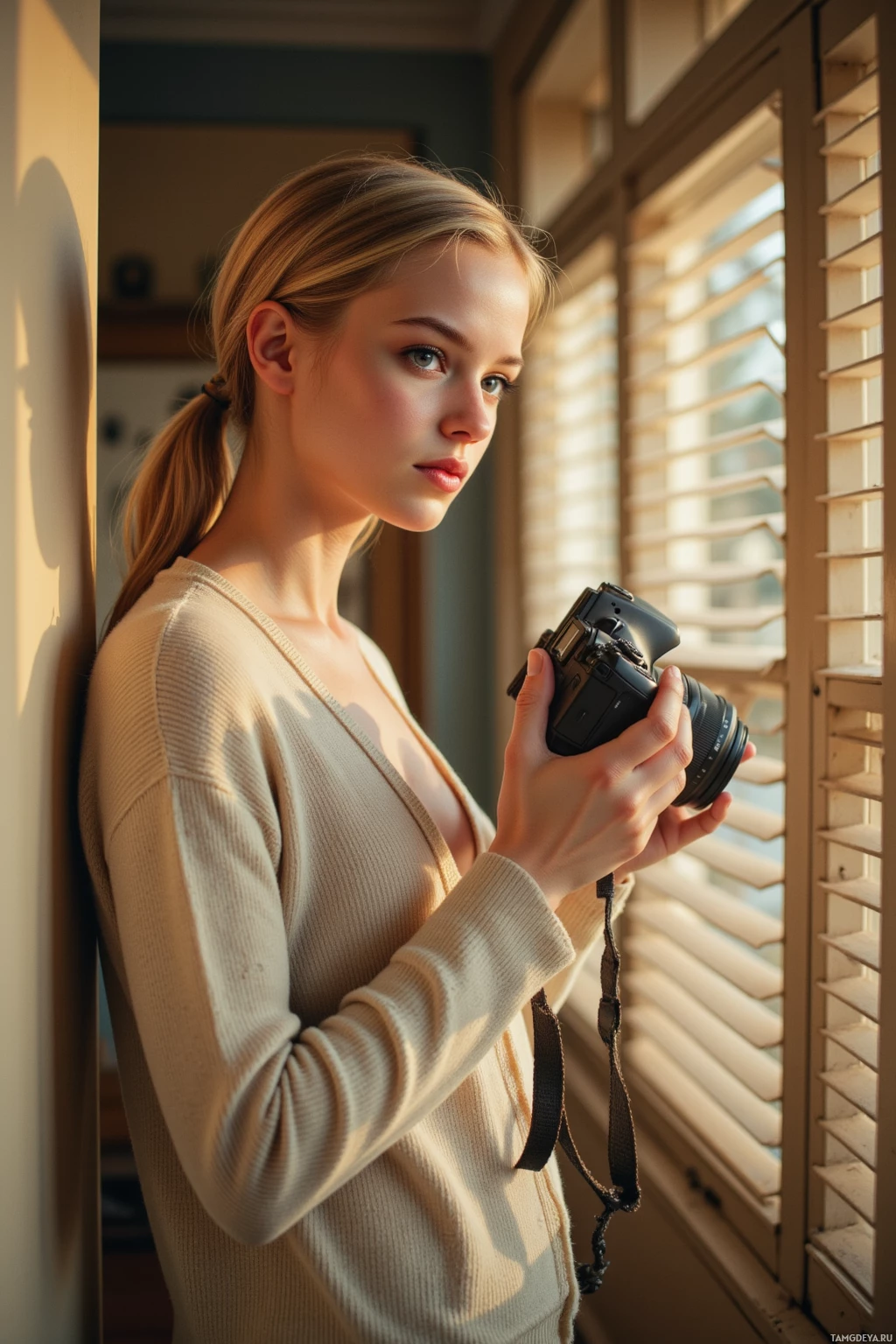A person stands by a window holding a camera, bathed in soft natural light.