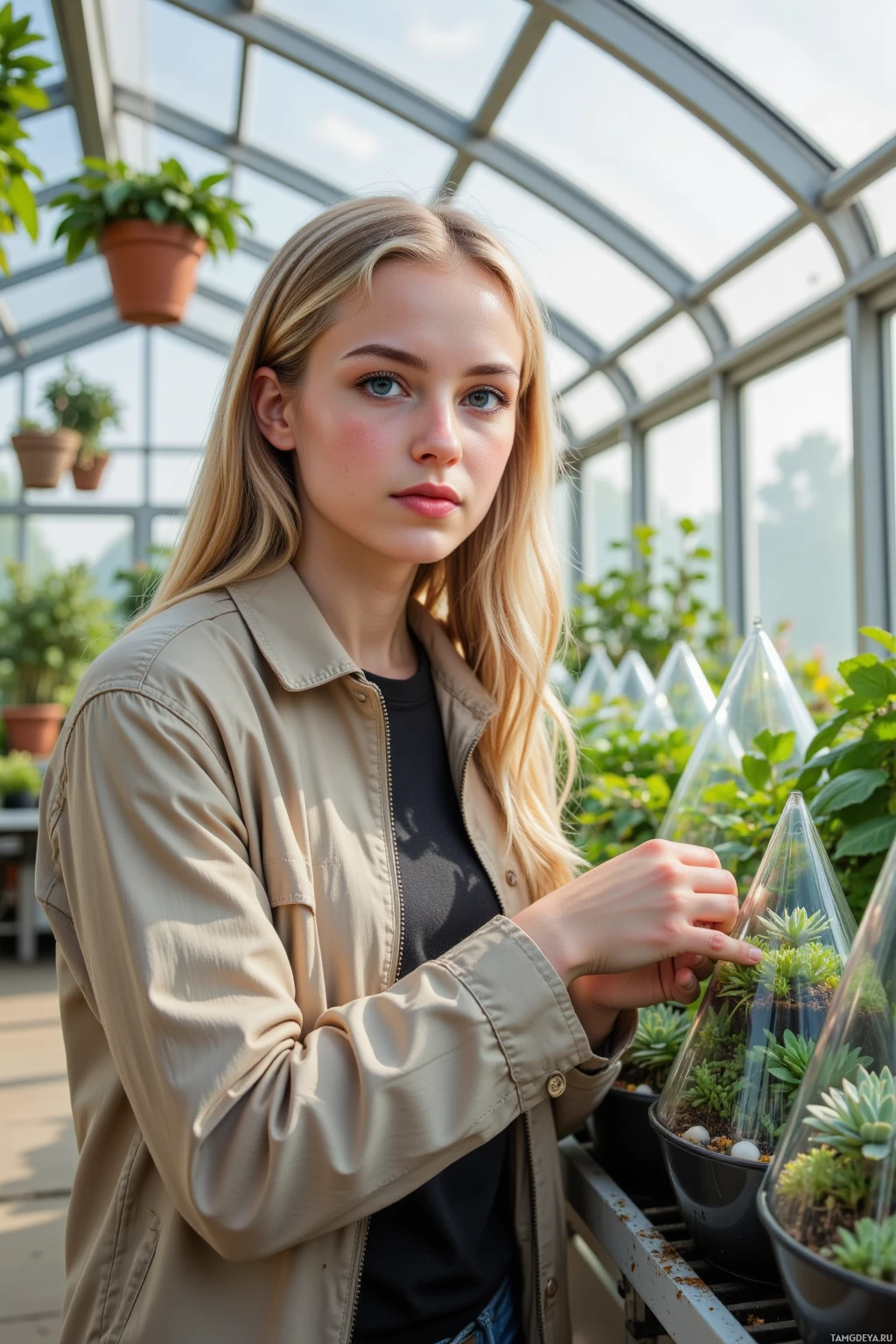 A person in a greenhouse holding a terrarium with plants.