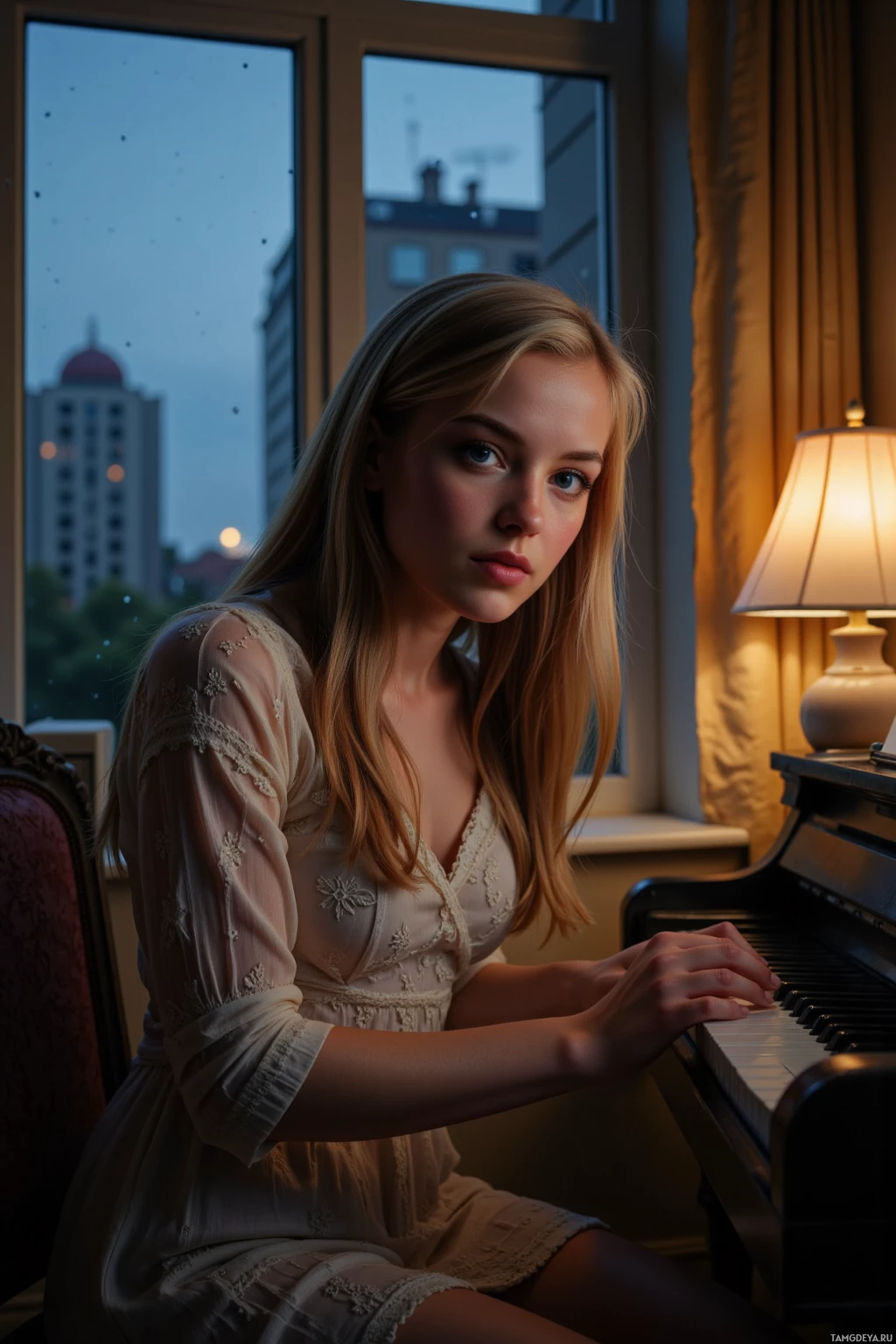 A woman in a lace dress sits at a piano by a window at dusk.