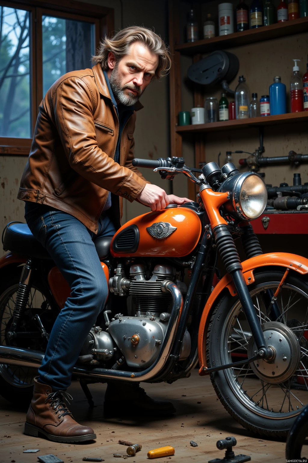 A man in a leather jacket and jeans is leaning on an orange motorcycle in a workshop.