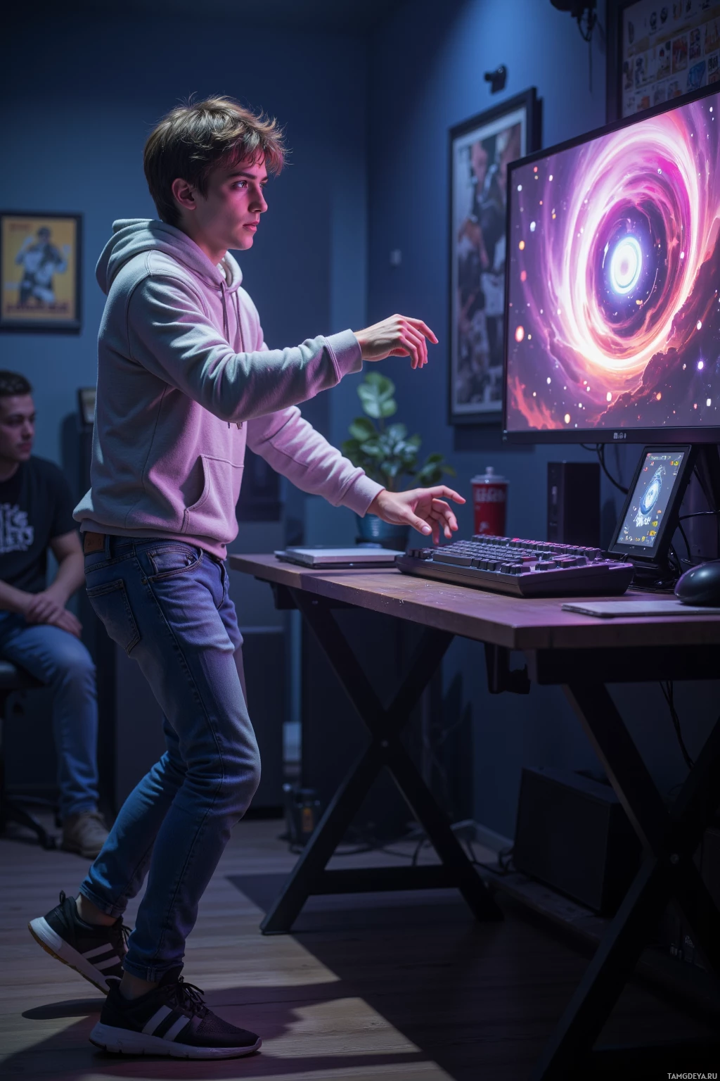 A young person stands in front of a computer setup, gesturing with their hand, in a dimly lit room with a colorful screen display.