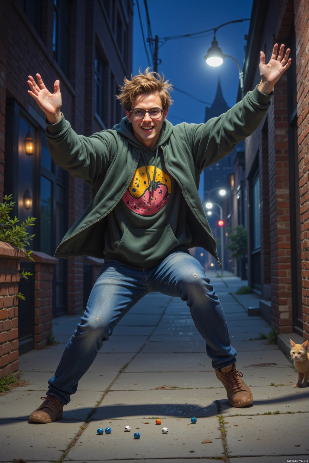 A person in a green hoodie and jeans stands in a city alleyway at night, with their arms raised and small colorful balls scattered on the ground.