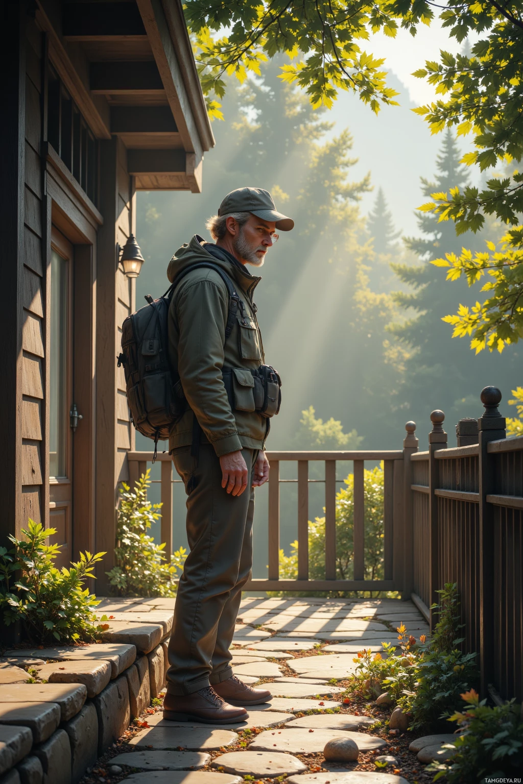 A man stands on a stone path near a wooden house, gazing into the forest.