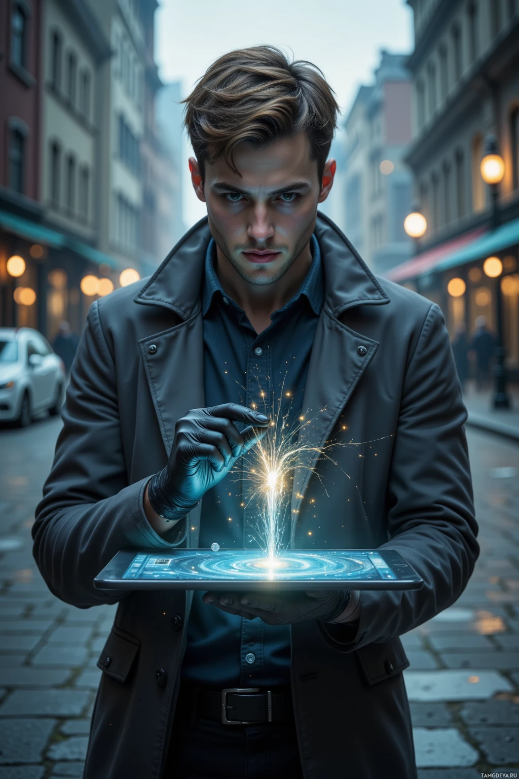 A man in a trench coat holds a glowing tablet with a futuristic display.