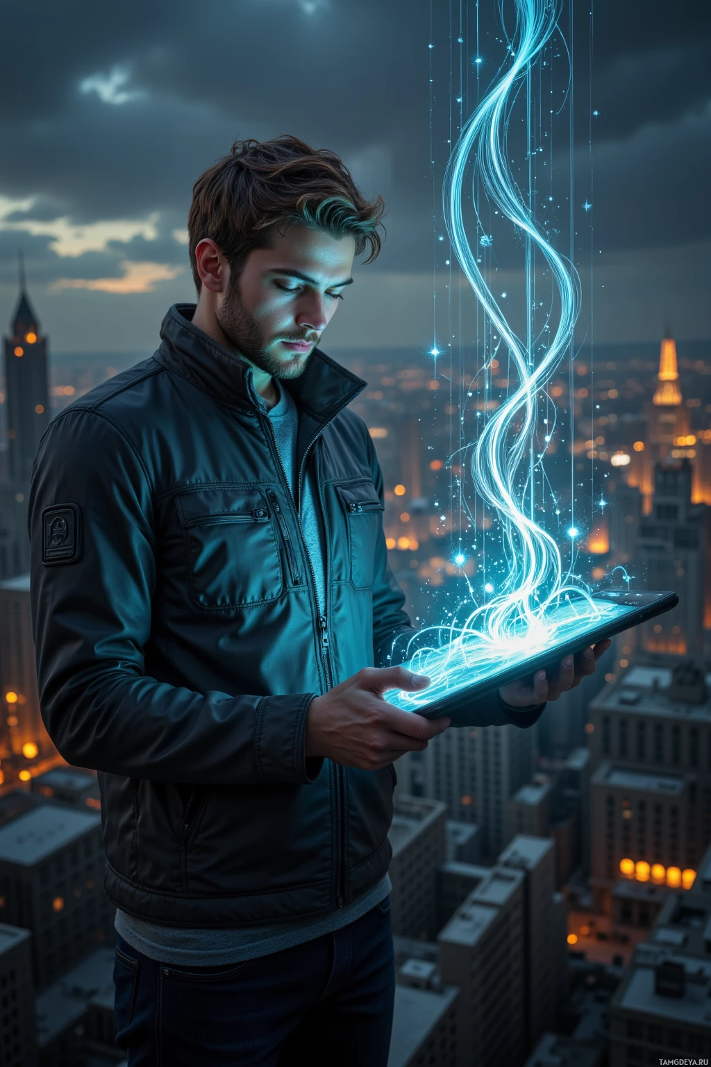 A man stands on a rooftop overlooking a cityscape, holding a glowing tablet with energy streams emanating from it.