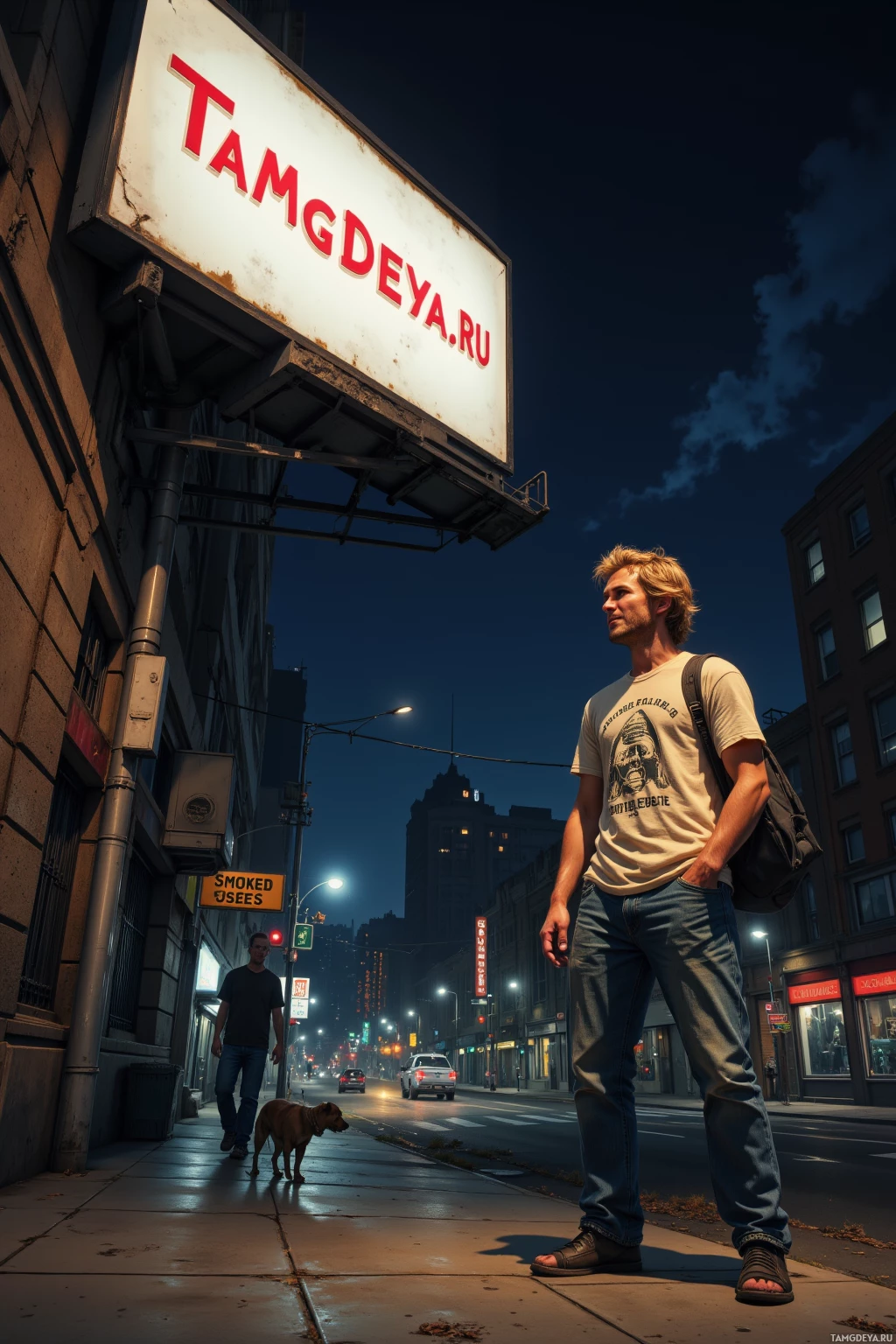 A man walks a dog on a city street at night under a sign reading "TAMGDEYA.RU.