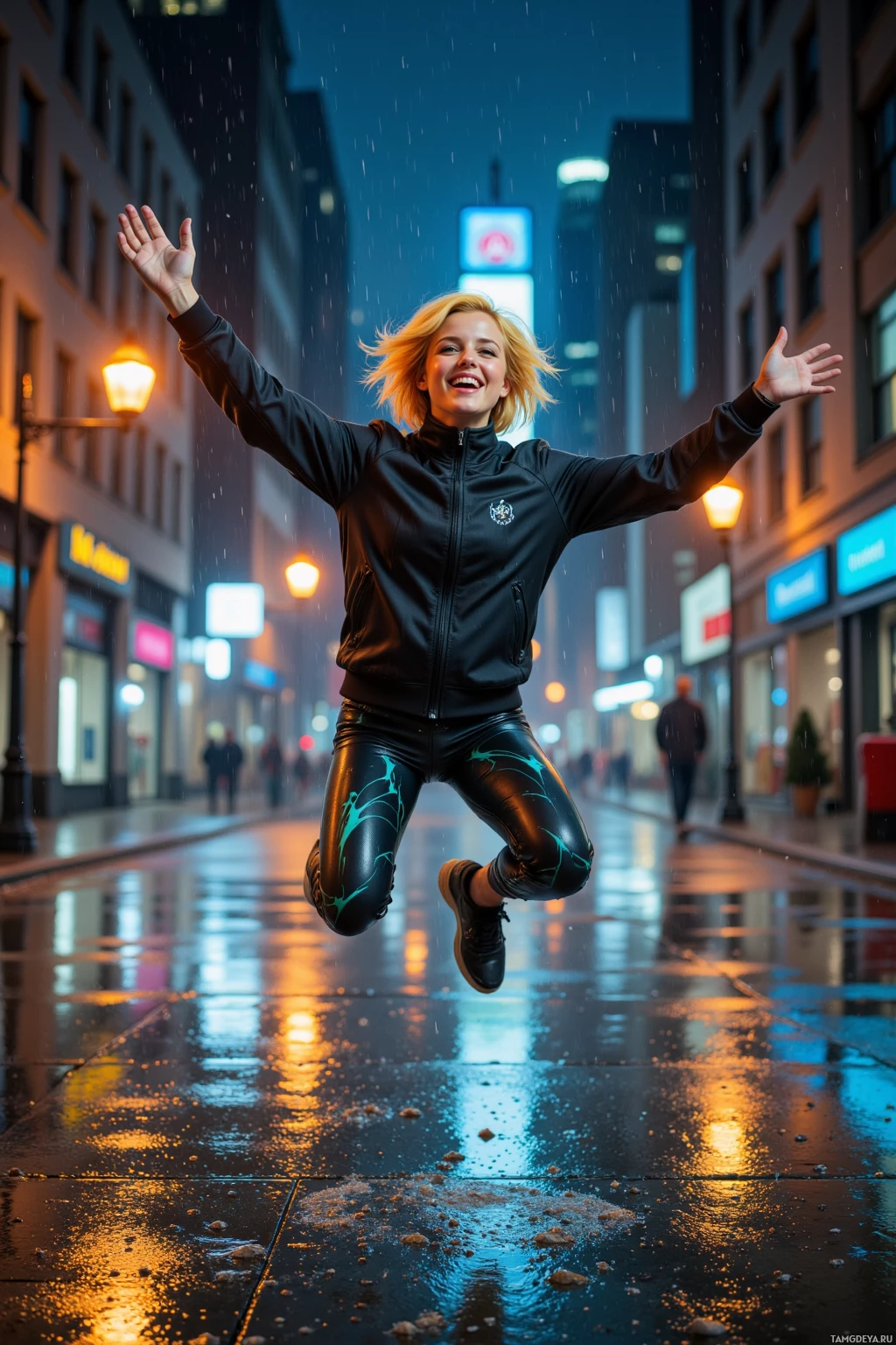 A person jumps joyfully in the rain on a city street at night.