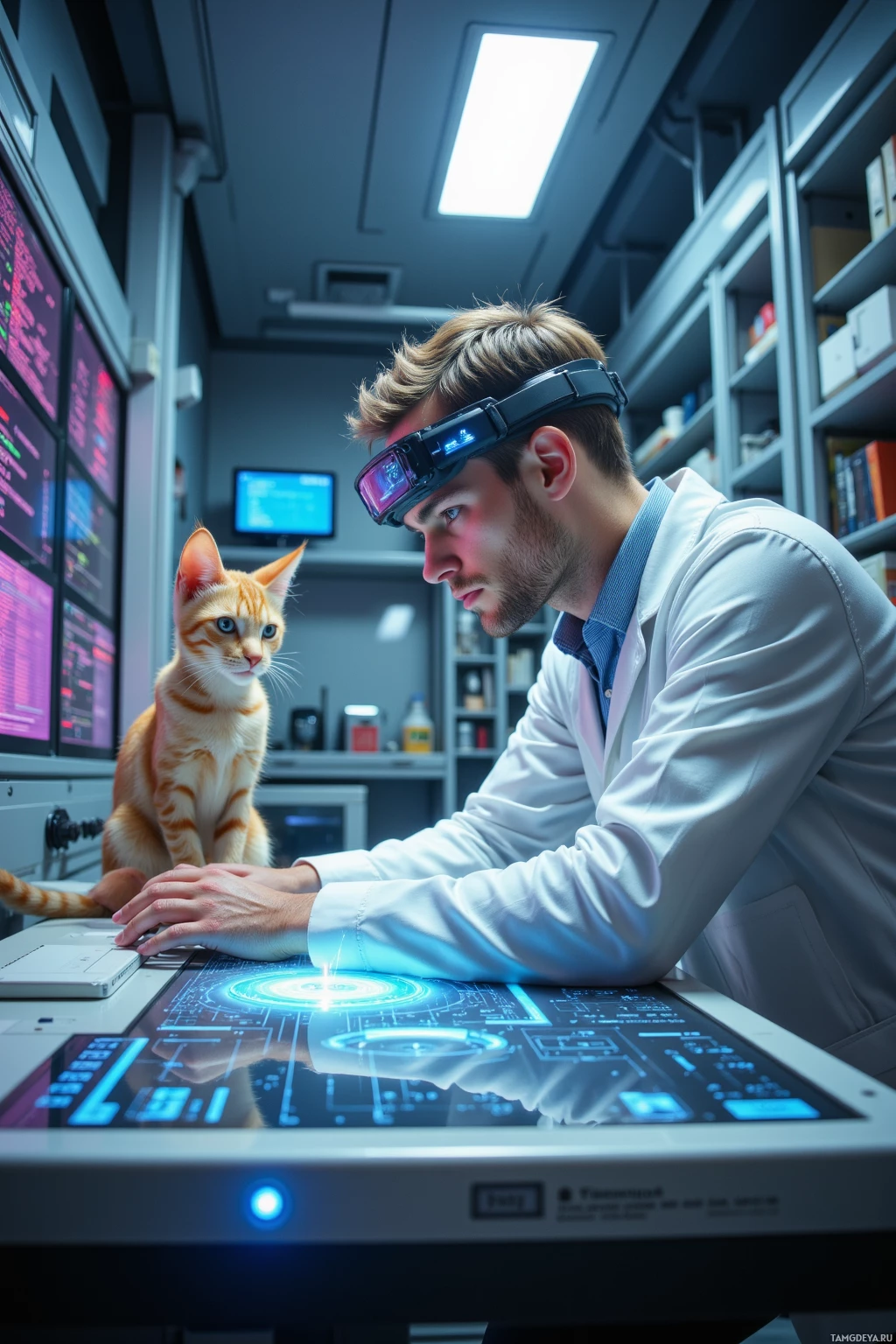 A person wearing a lab coat and a headset works on a futuristic computer with a cat sitting on the desk.