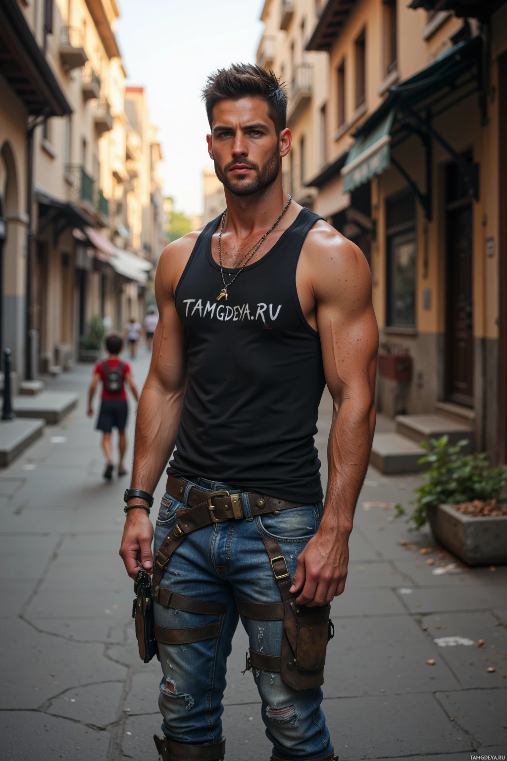 A muscular man in a black tank top and jeans stands on a city street.