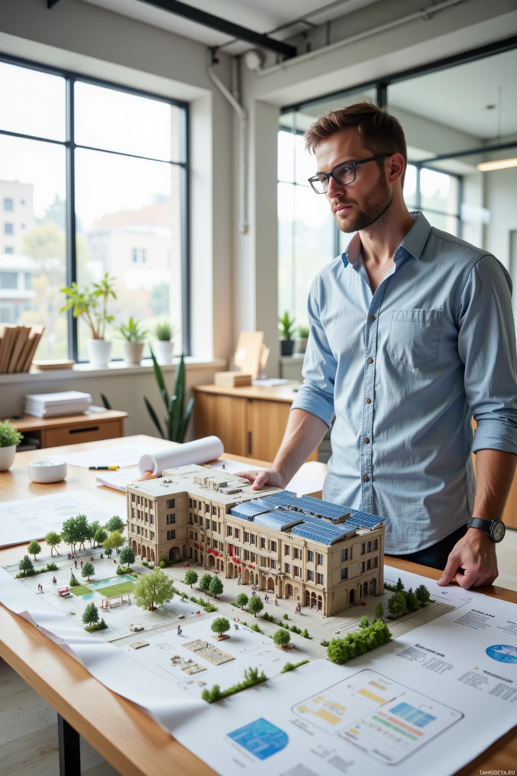A man stands in an office, examining a model of a building with solar panels and surrounding greenery.