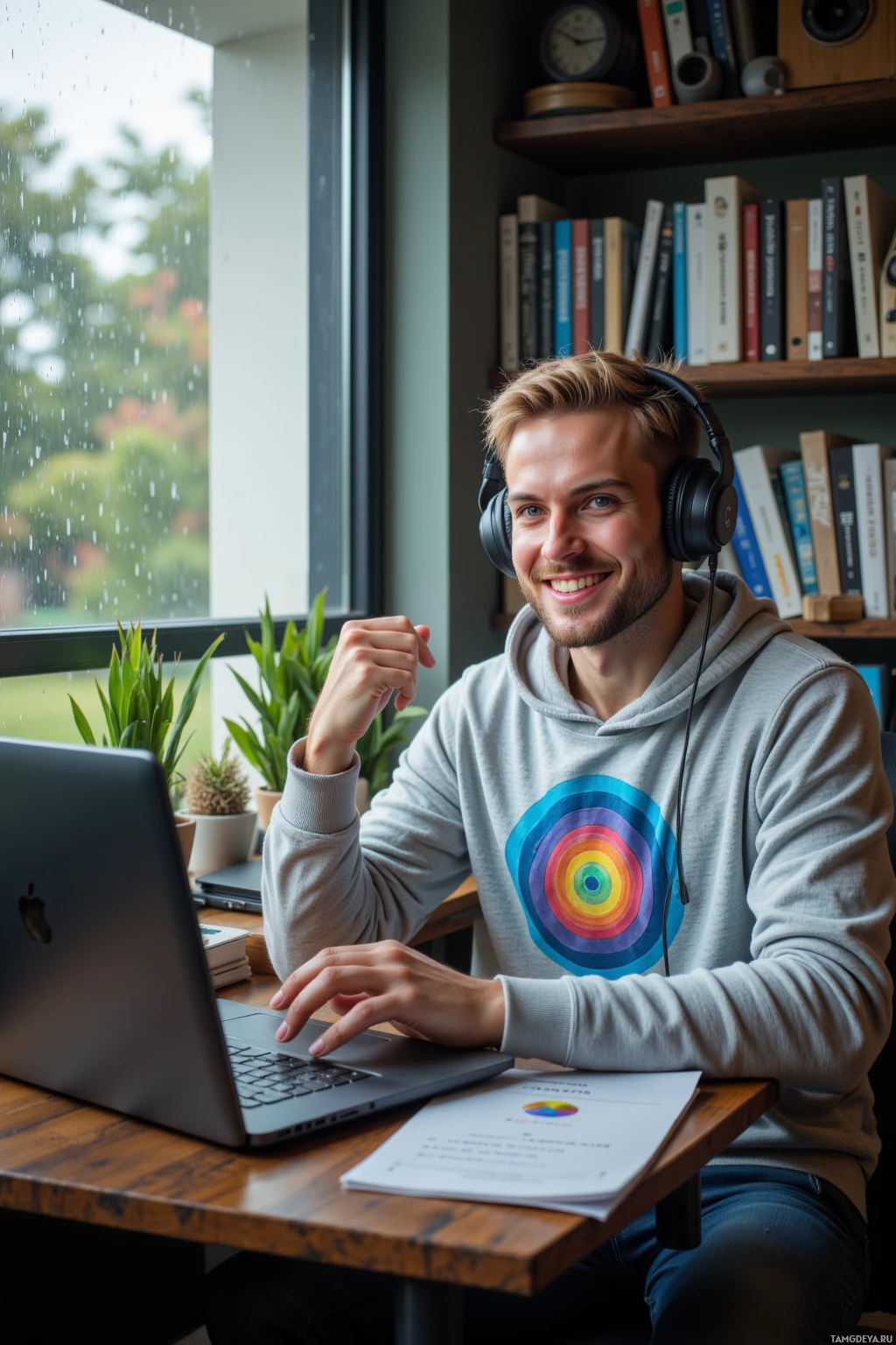 A man wearing headphones sits at a desk with a laptop, smiling, in front of a window with raindrops.