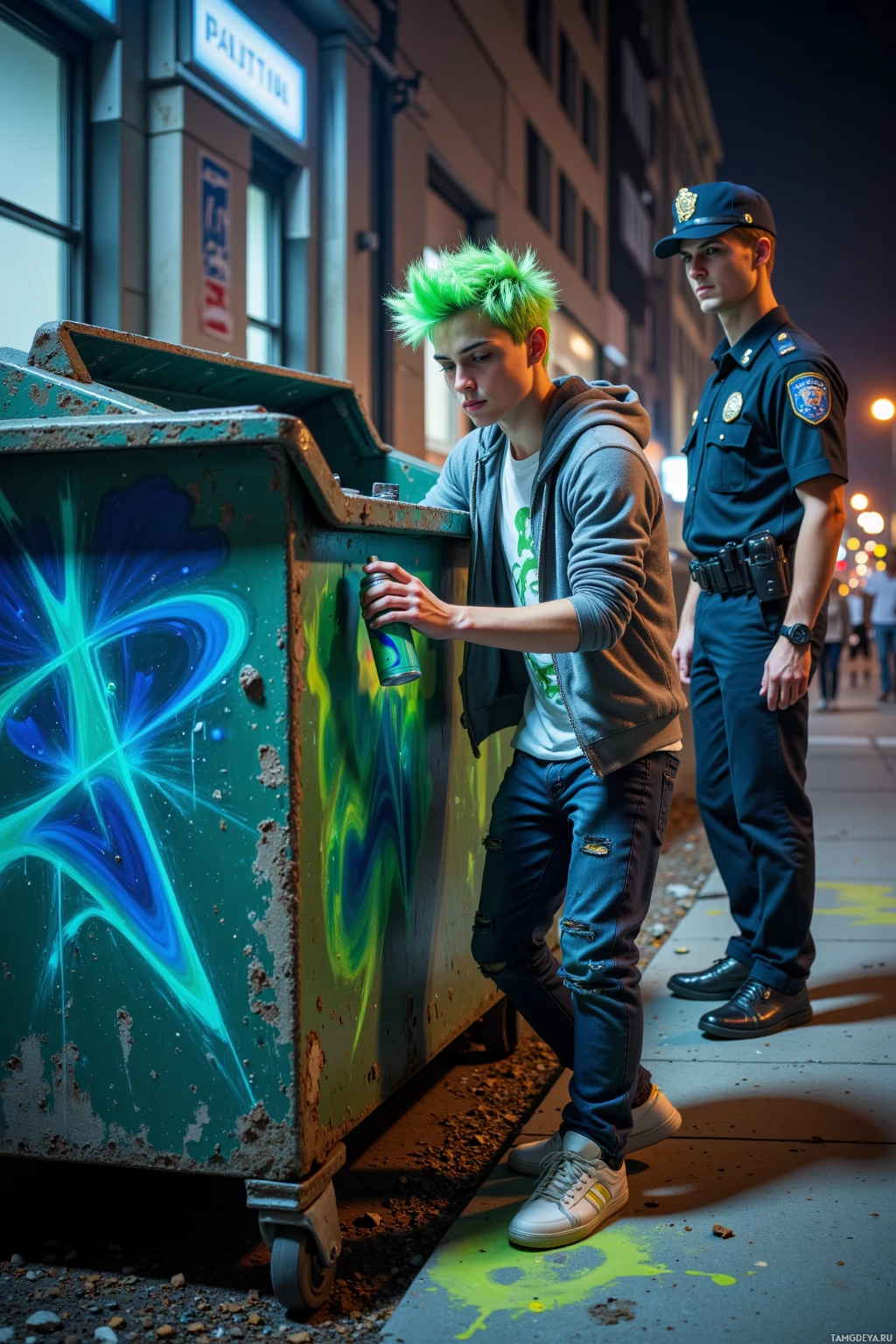A young man with green hair spray paints a dumpster while a police officer stands nearby.