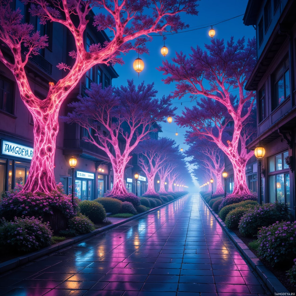 A vibrant, neon-lit street lined with glowing trees and hanging lanterns at dusk.