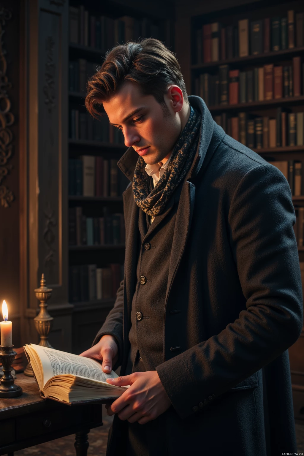 A man in a coat and scarf reads a book in a dimly lit room with bookshelves.