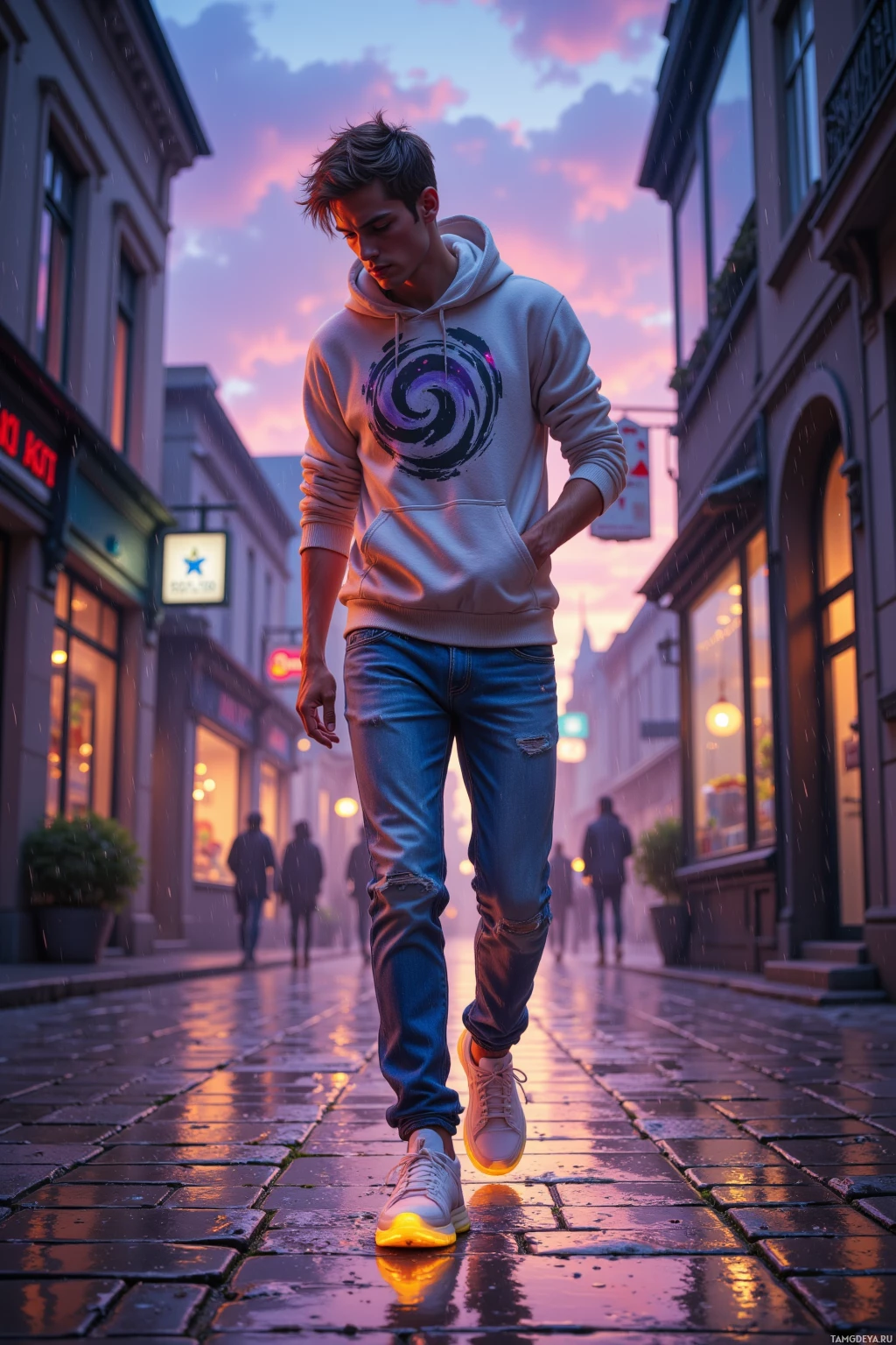 A person walks down a wet street at dusk, wearing a hoodie and jeans.