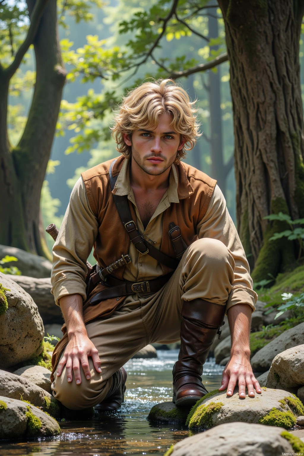 A man in a brown outfit kneels by a stream in a forest.