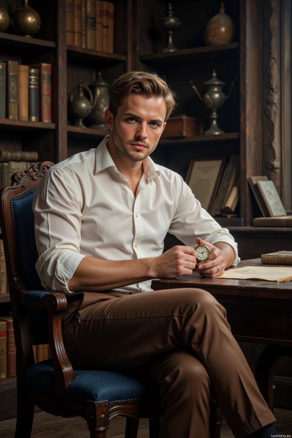 A man in a white shirt and brown pants sits in a chair, holding a pocket watch, with a bookshelf in the background.