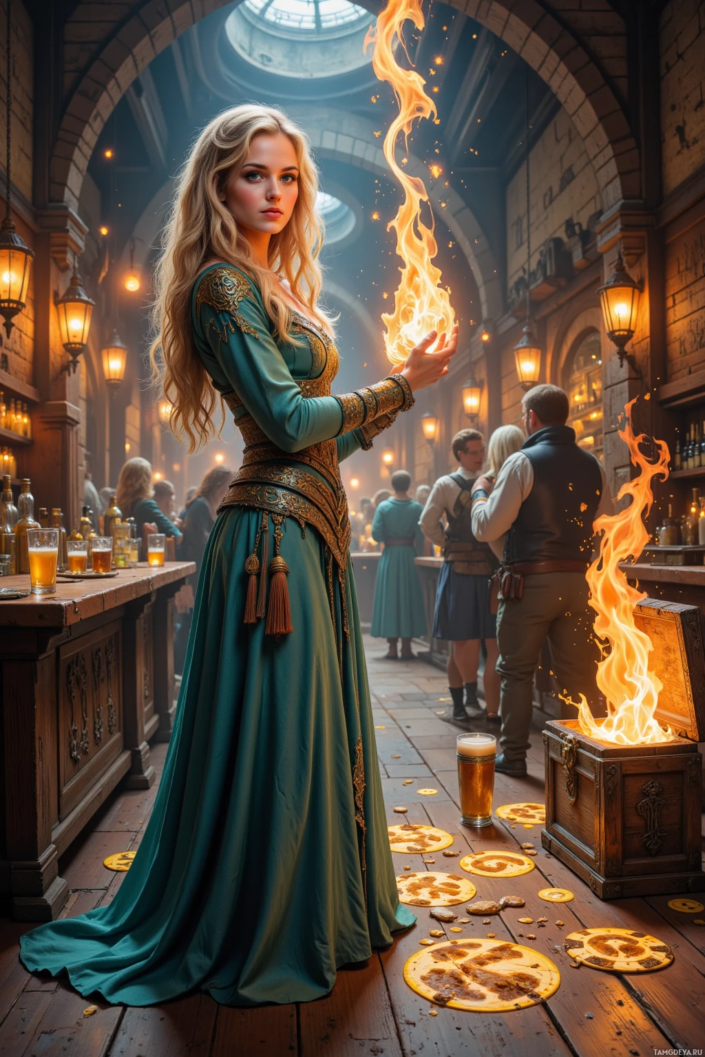 A woman in a medieval-style dress holds a glowing flame in a dimly lit tavern.