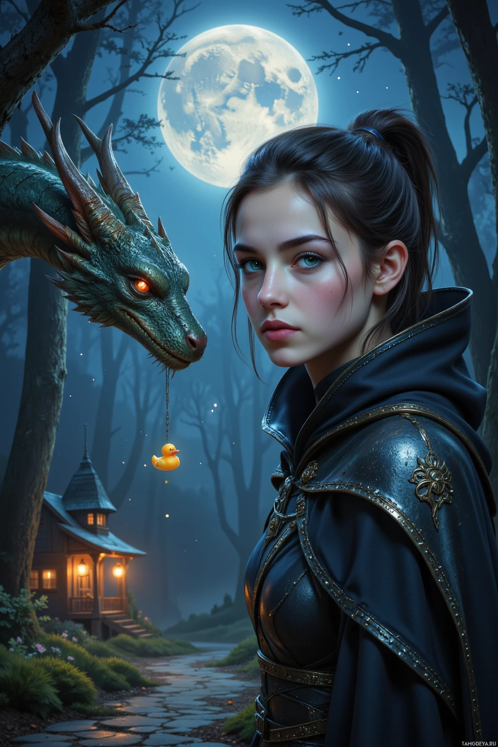 A woman in a dark cloak stands beside a dragon in a moonlit forest.