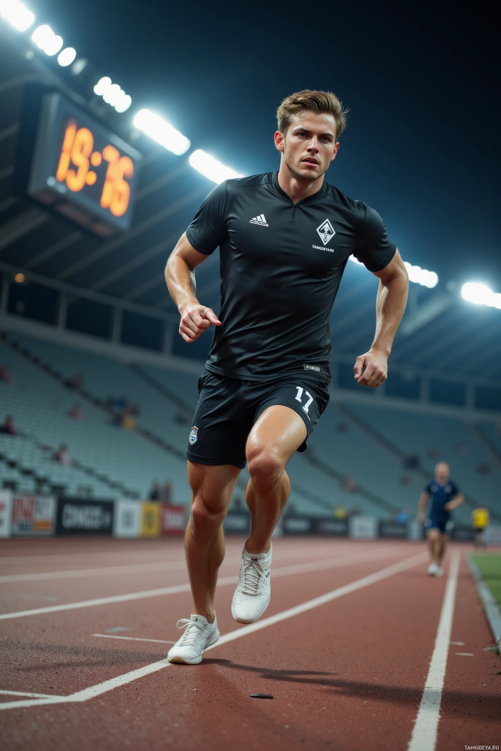 A male athlete runs on a track in a stadium at night.