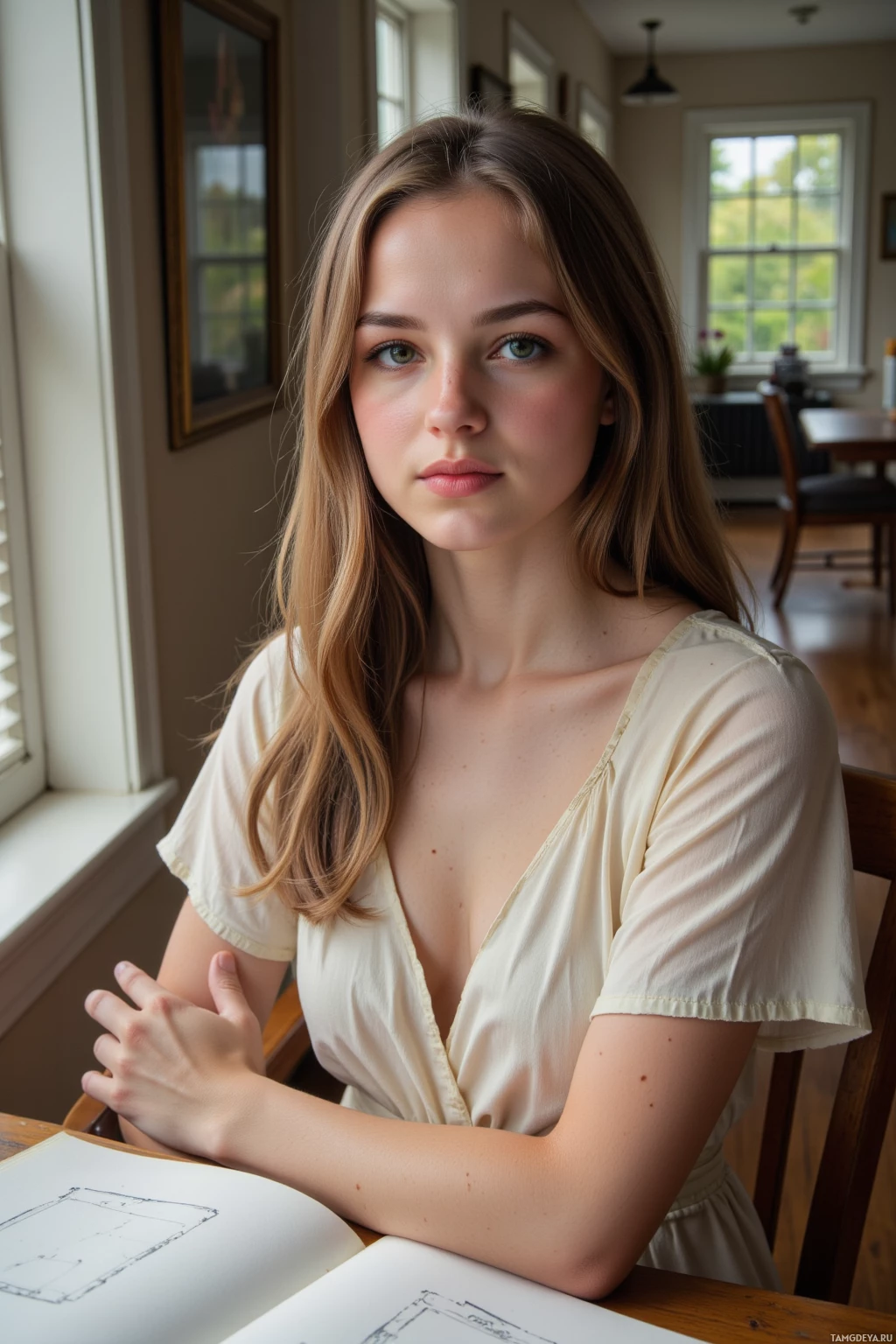 A young woman with long hair sits at a table, looking directly at the camera.