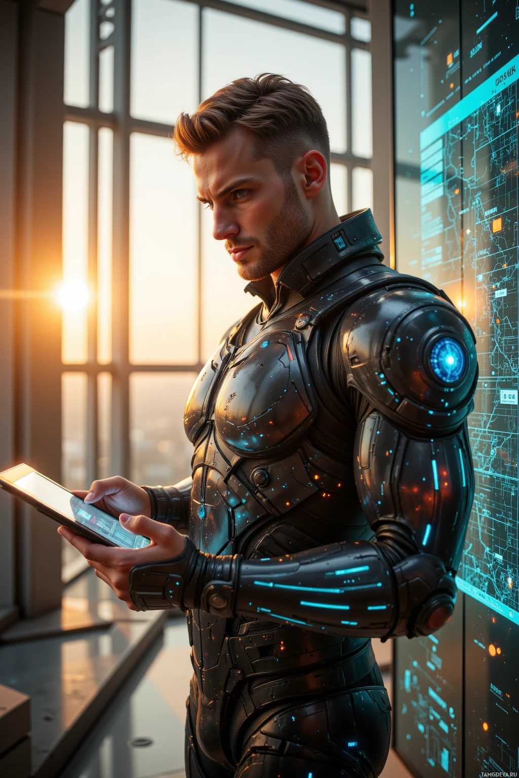 A person in futuristic armor holds a tablet in a high-tech environment.