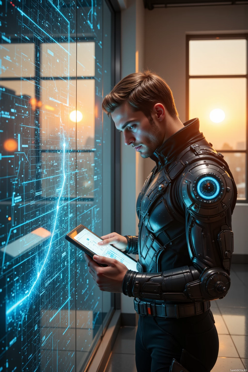 A person in a futuristic suit stands in front of a digital display, holding a tablet.