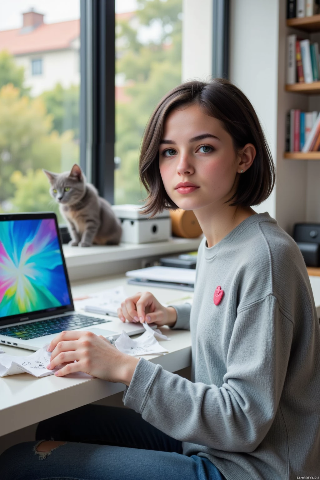 A young woman sits at a desk with a laptop, a cat perched on the windowsill behind her.
