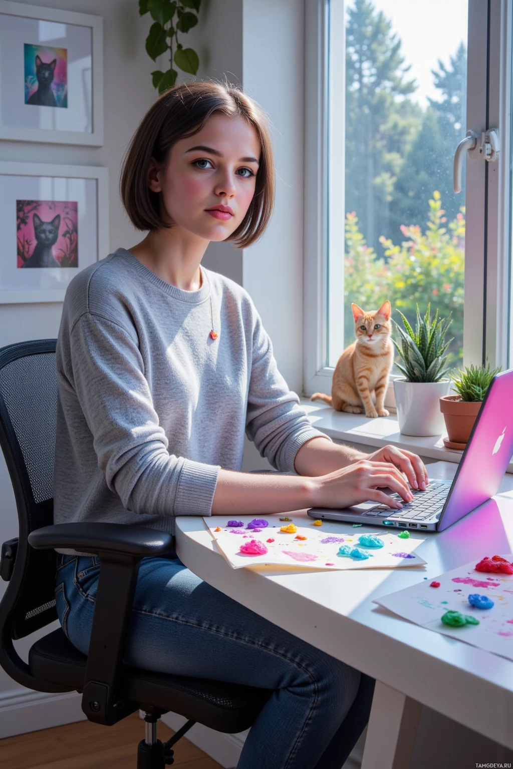 A person sits at a desk with a laptop, surrounded by colorful paint splatters and a cat on the windowsill.