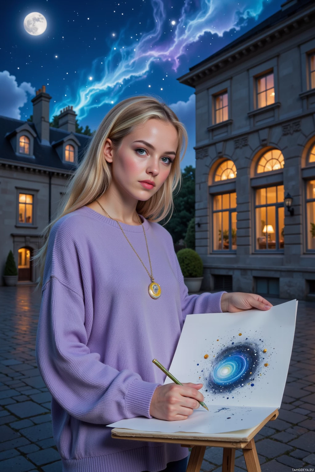 A person in a purple sweater stands outdoors at night, holding a drawing of a galaxy.