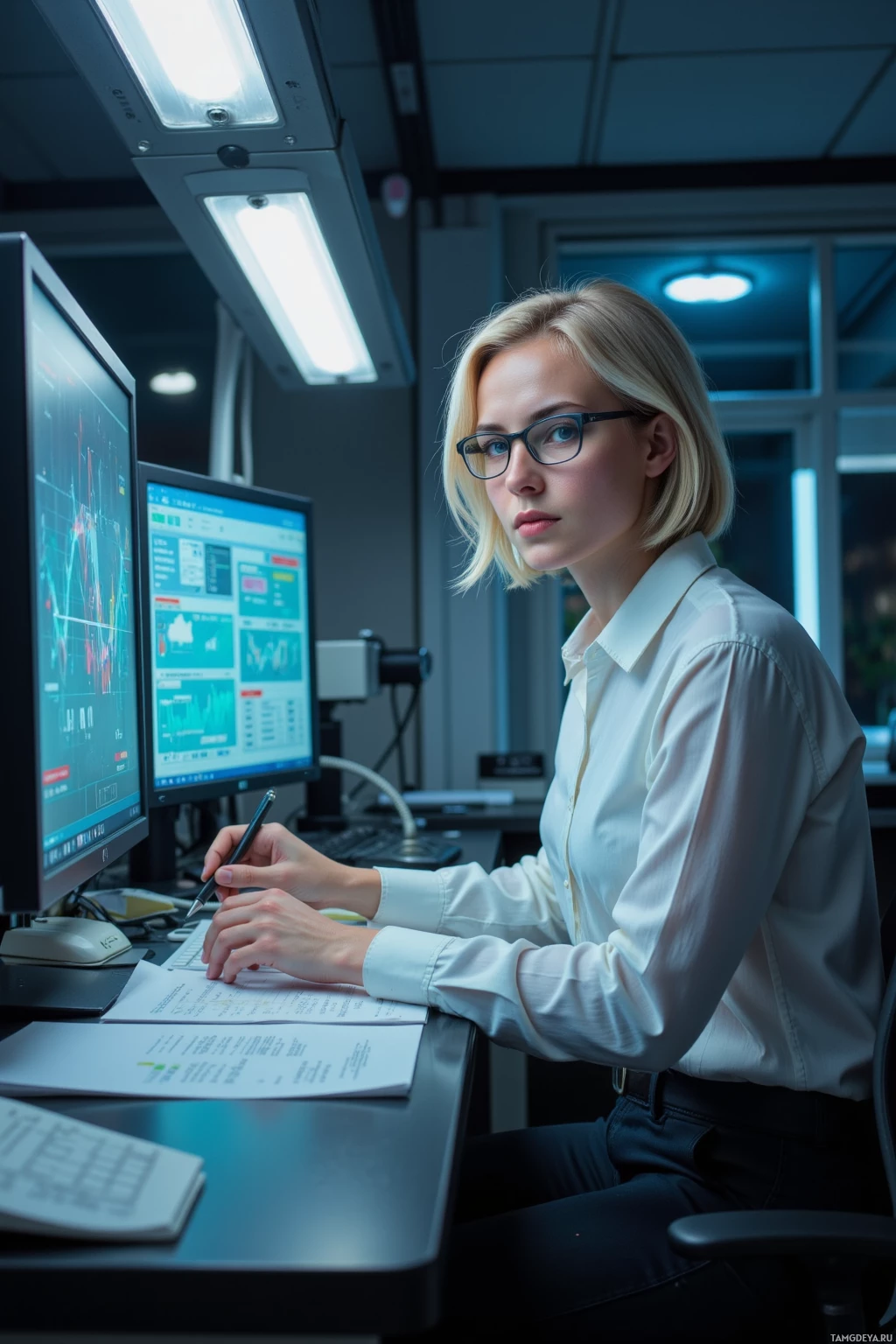 A woman in a white shirt works at a desk with multiple monitors displaying graphs and data.