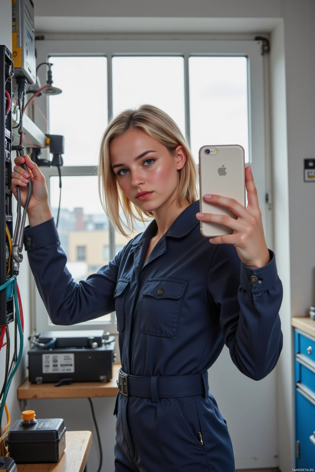 A person in a navy blue jumpsuit takes a selfie in a workshop setting.