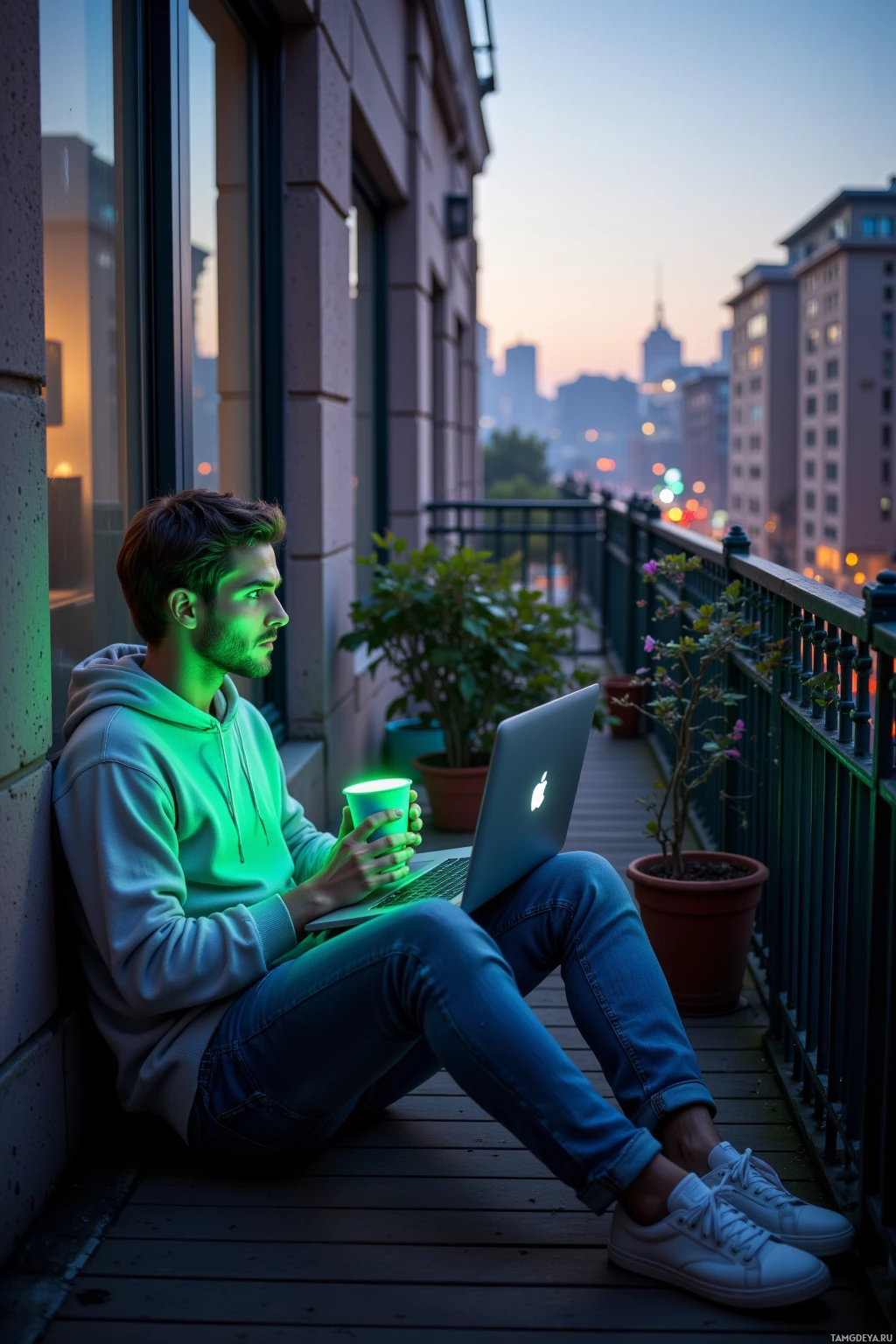 A person sits on a balcony, using a laptop and holding a cup, with a cityscape in the background.