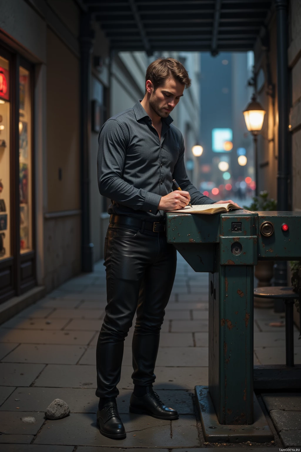A man in a dark shirt and pants writes in a notebook on a street corner.