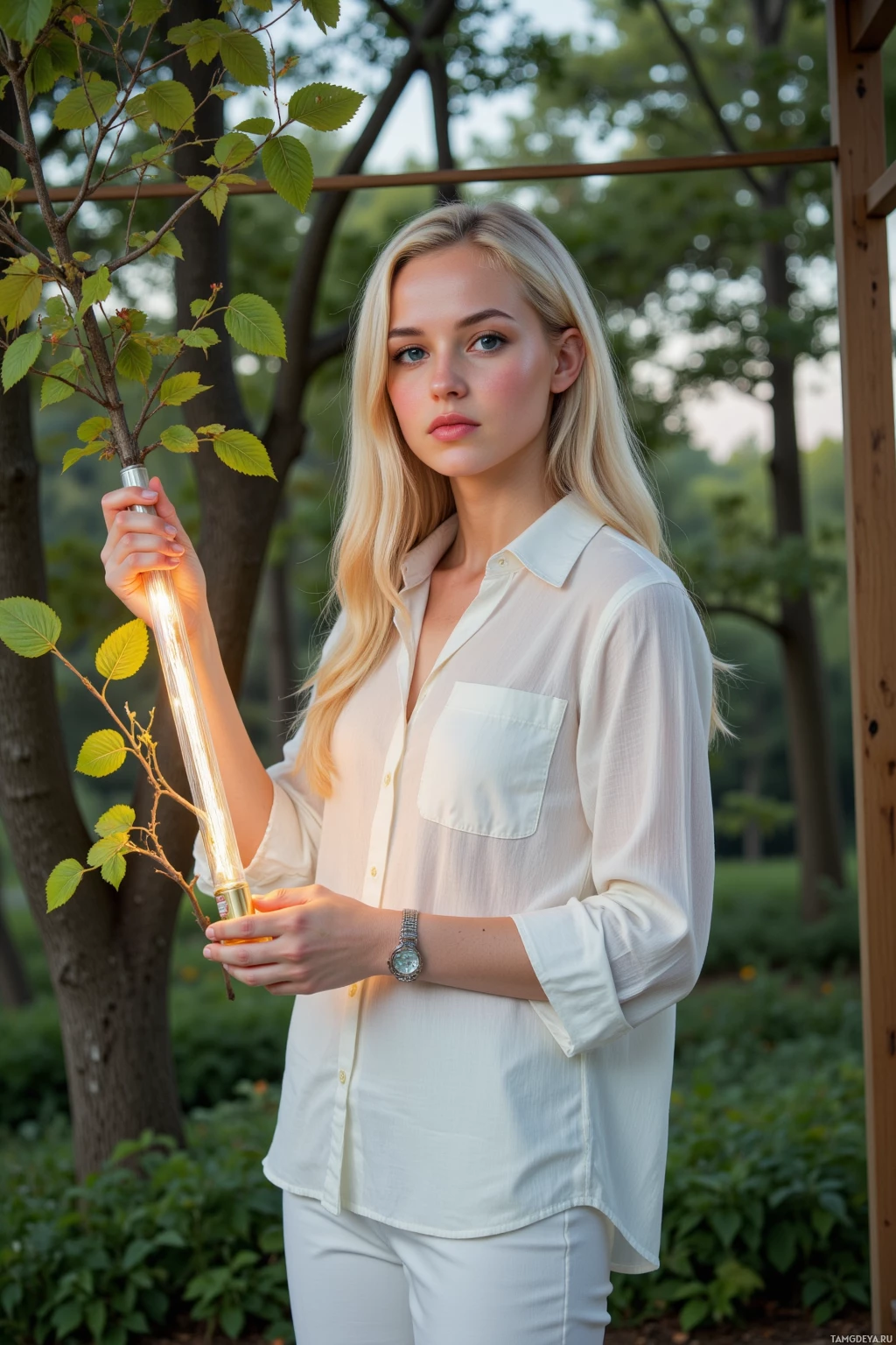 A woman in a white shirt holds a glowing object in a lush green outdoor setting.