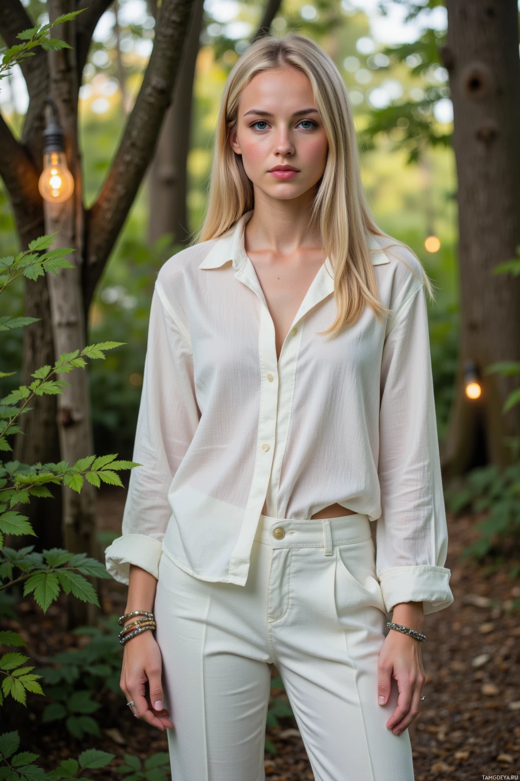 A woman in a white blouse and pants stands in a forest setting.