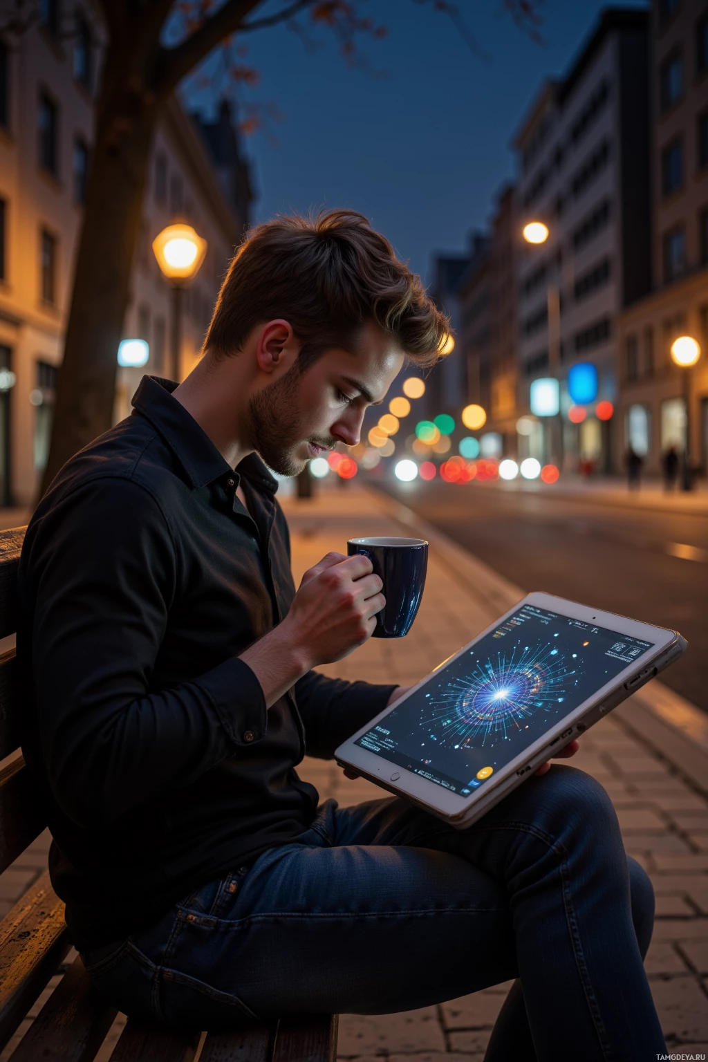 A man sits on a bench at dusk, holding a mug and using a tablet.