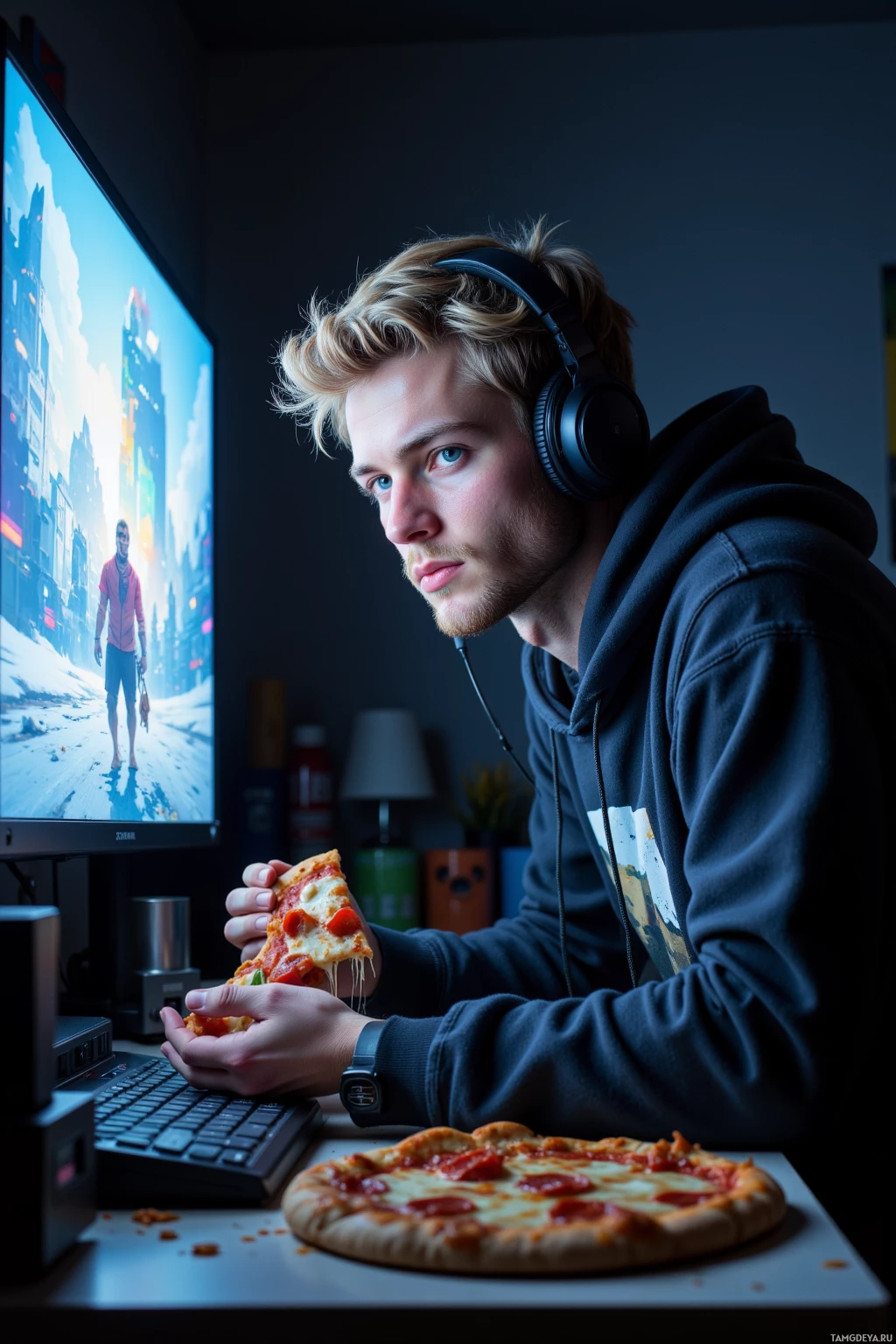 A person wearing headphones sits at a desk, eating a slice of pizza while watching a video game on a monitor.