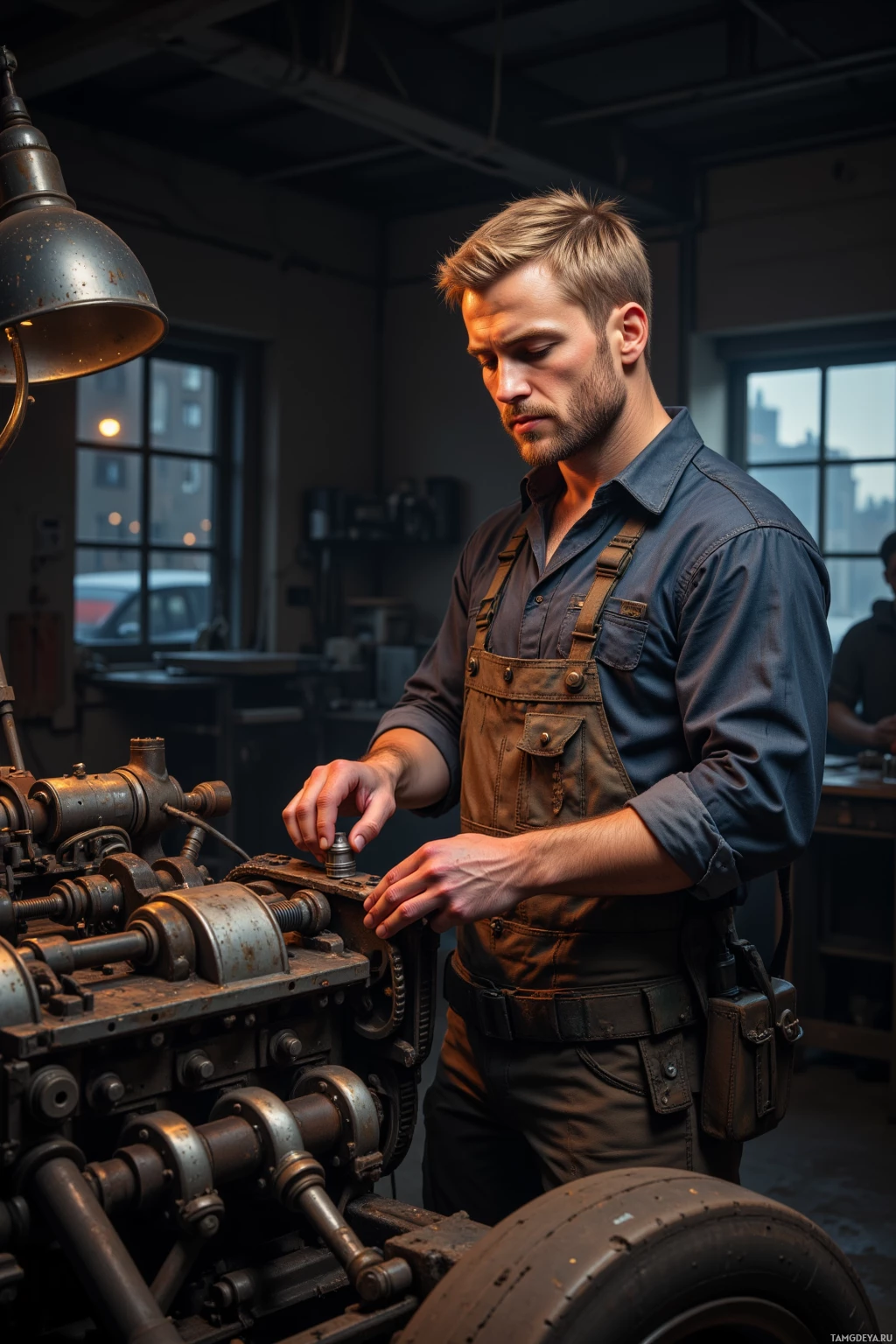 A man in a workshop wearing overalls and a shirt, working on a machine.