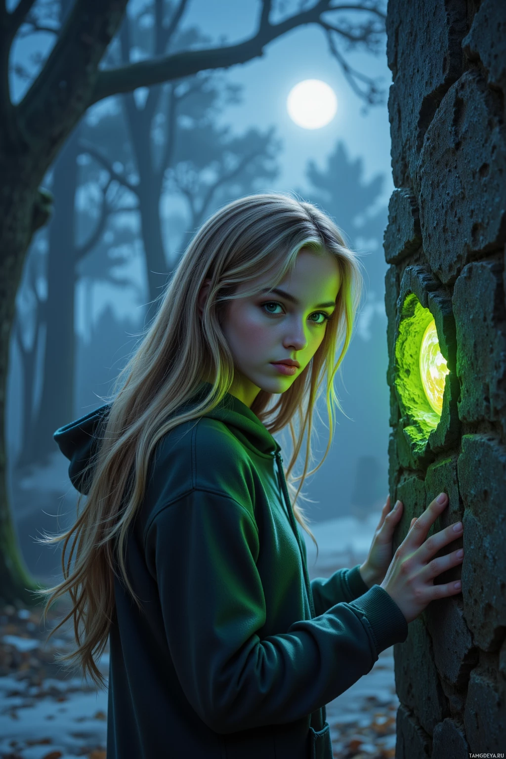 A young woman in a green hoodie stands beside a stone wall in a misty forest, illuminated by a glowing green light.