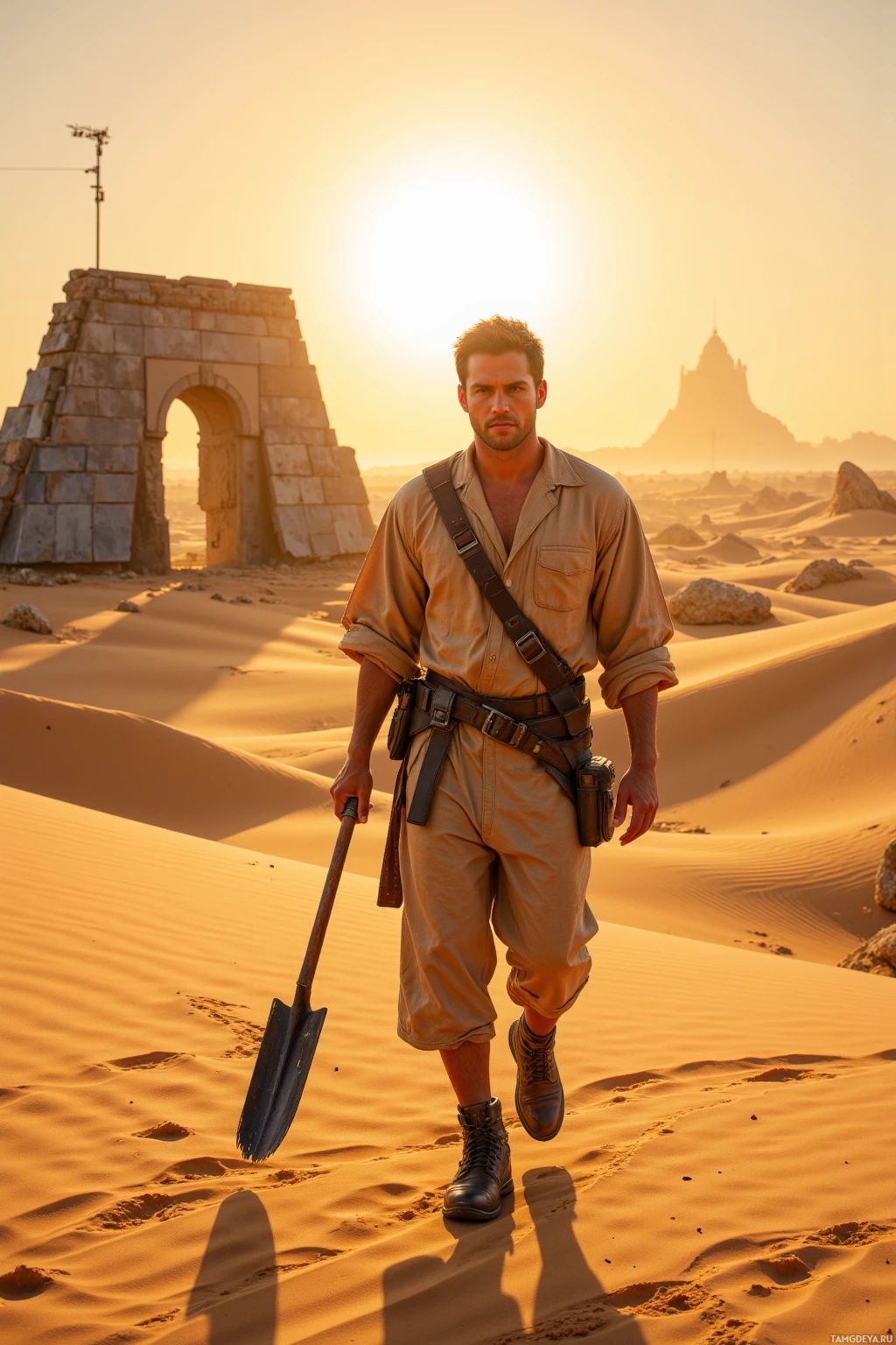 A man in desert attire walks through a sandy landscape carrying a shovel, with an ancient stone structure and a distant mountain in the background.