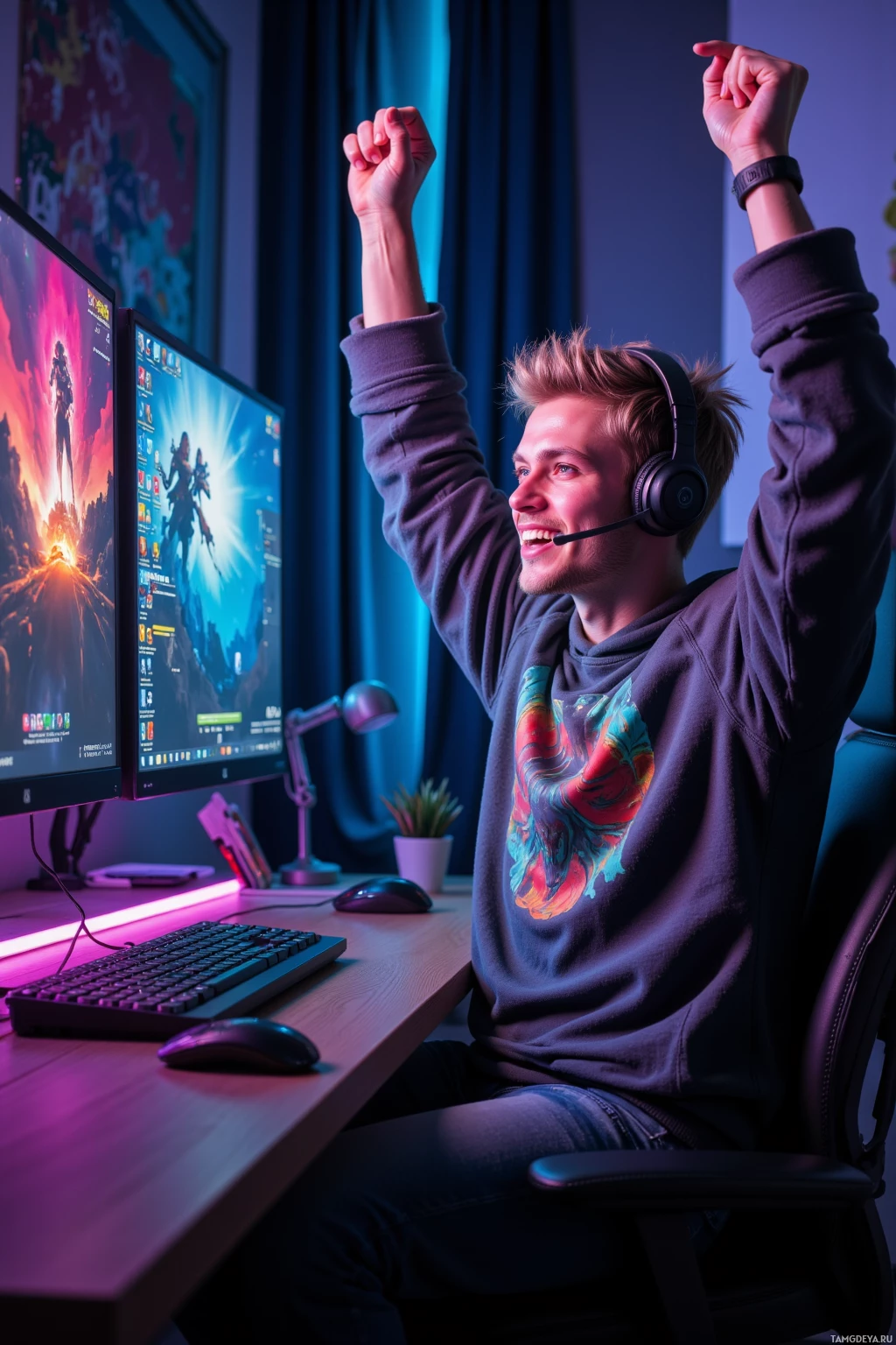 A person celebrates with raised arms while gaming in a dimly lit room with colorful lighting.
