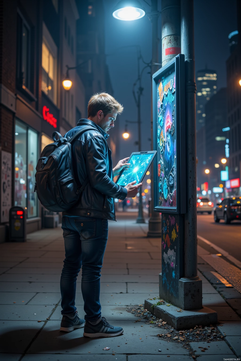 A person stands on a city sidewalk at night, using a tablet.